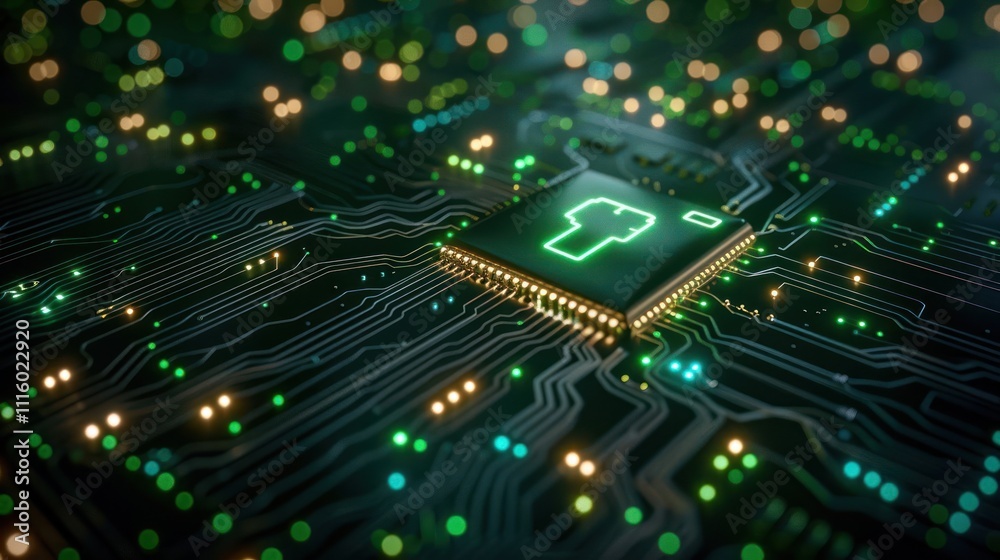 A close-up view of a microchip on a circuit board with glowing lights. A close-up view of a microchip on a circuit board with glowing lights.