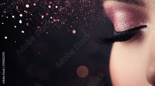 Creative makeup design with glitter and vibrant colors on a models face