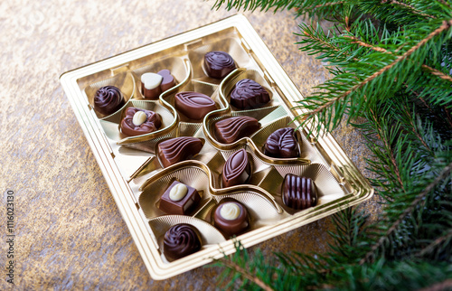 Chocolate candies (pralines) in a box with christmas decoration