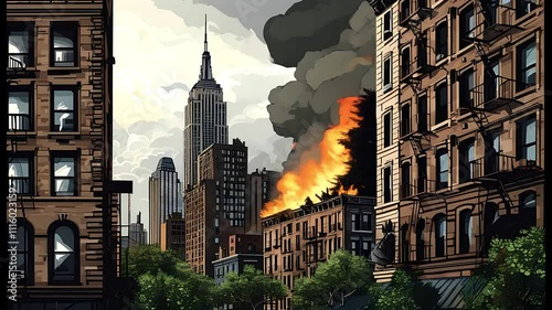 Urban Skyline With Empire State Building Surrounded By Smoke And Fire, Capturing A Dramatic Scene Of New York City, Showcasing Modern Architecture And Urban Life