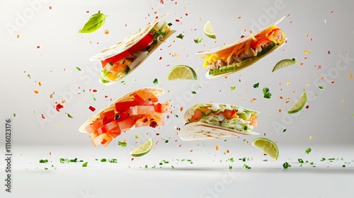 overing tacos, shawarma, and wraps with meat and veggies in flight on white backdrop with studio lighting, isolated in air. Creative photography session photo