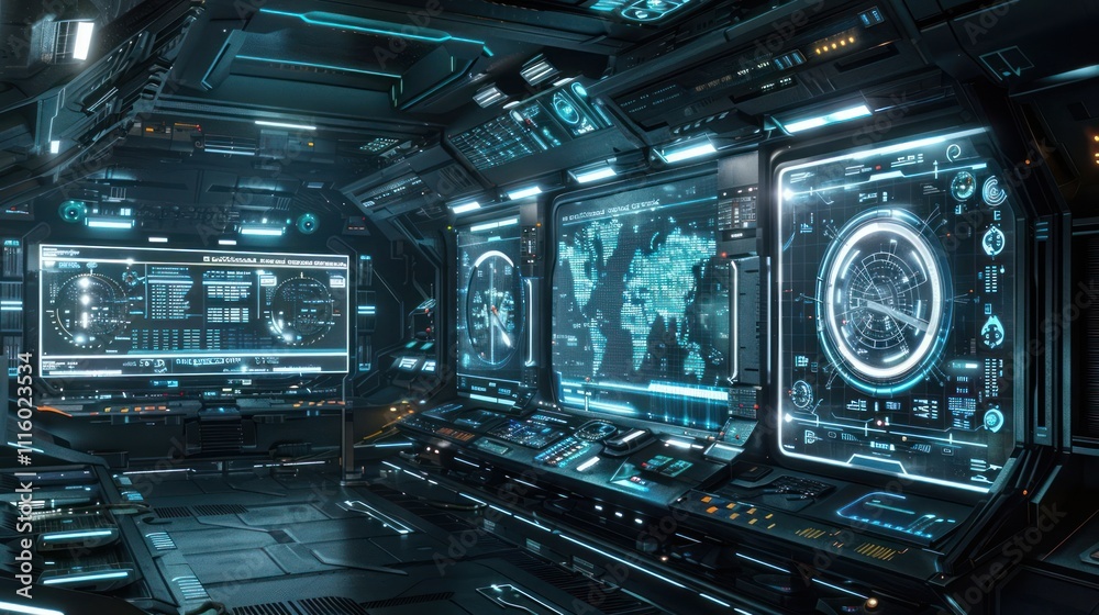 Fototapeta premium Futuristic control room with high-tech displays and interactive interfaces.