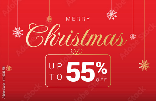Christmas 55% OFF sale label. Sale percentage Fifty five percent off. Horizontal posters, greeting cards, website. Christmas snowflakes on red background. Vector illustration.