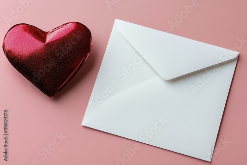 Red heart and empty card on pink background for love messages and celebrations
