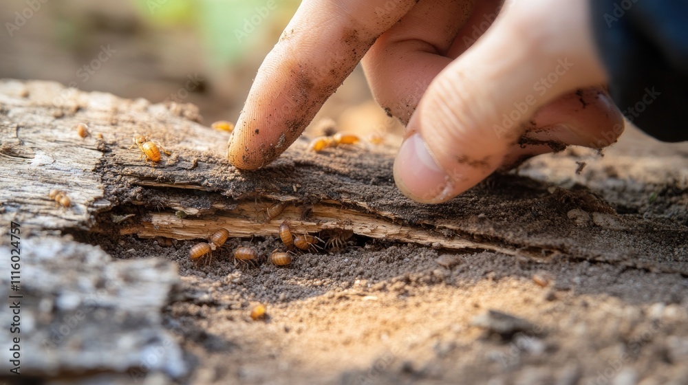 A hand examines a log infested with small insects in a natural setting. A hand examines a log infested with small insects in a natural setting.