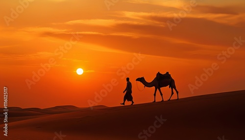 A camel and a leading man in desert at sunset, animal, big mammal with hump a livestock of a sandy tropical arid  hot and dry warm landscape, jamal, chameau, camello, camelo, oont, unt stockphoto  photo