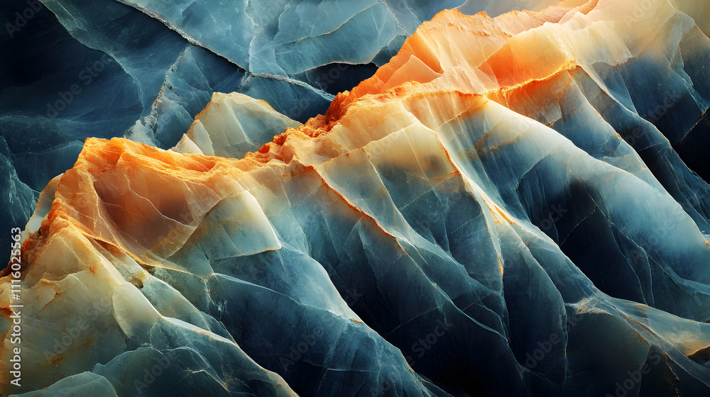 Naklejka premium Abstract image of swirling teal and orange Onyx stone, resembling a mountainous landscape. Ideal for backgrounds, textures, or artistic projects.