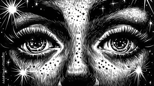 Eyes and starry skin illustration. Alchemy. Illustration photo