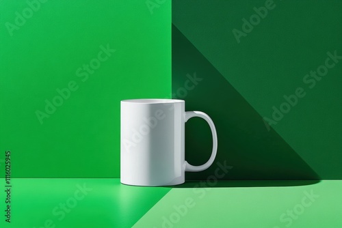 Minimalist white mug on green background studio shot modern design clean environment side view product photography