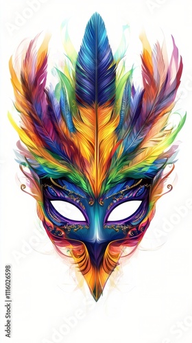 Colorful mask adorned with feathers showcasing intricate designs at a festive...