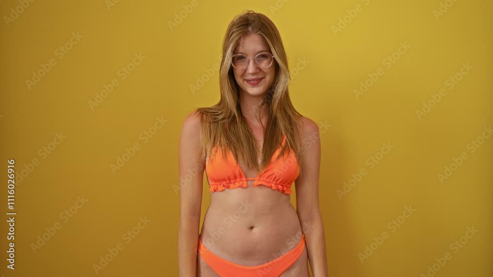 Young blonde woman in bikini standing and winking at the camera with a cheerful and sexy expression, over an isolated yellow background Young blonde woman in bikini standing and winking at the camera with a cheerful and sexy expression, over an isolated yellow background