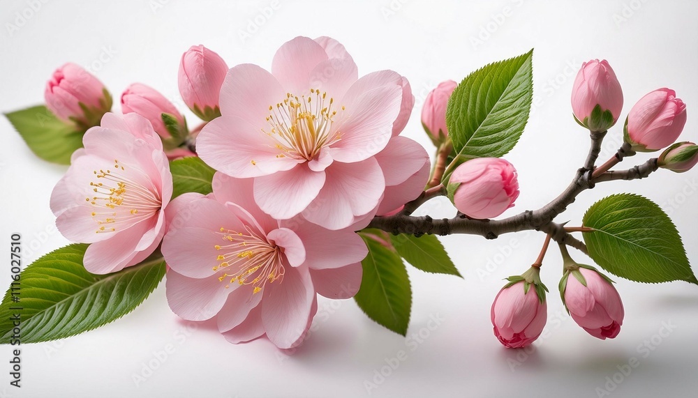 Naklejka premium delicate cherry blossom branch with soft pink petals and fresh green leaves against a clean white backdrop soft natural lighting crisp detail macro shot