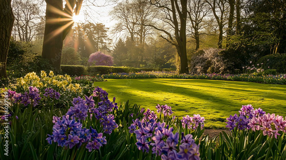 Naklejka premium Spring flowers in a garden with vibrant daffodils, creating a colorful and lively garden scene.