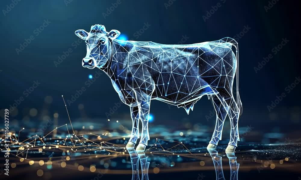 Abstract polygonal cow, glowing lines and dots on dark background.