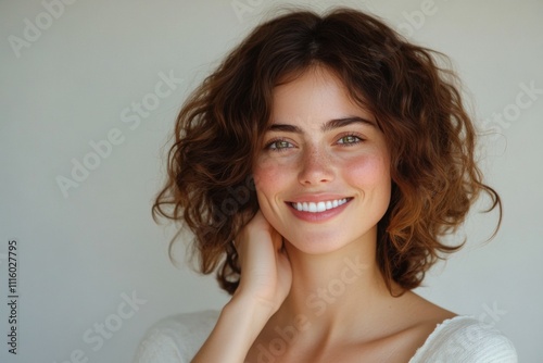 Smiling young woman with curly hair enjoying natural light indoors