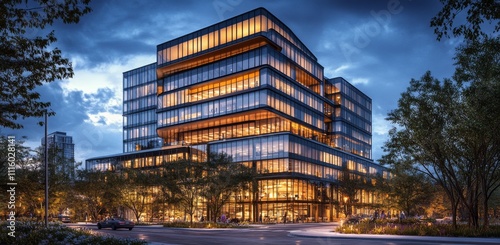 Modern building facade illuminated at night showcasing urban architecture and...