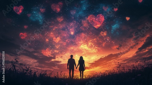 Couple standing hand in hand under a starry sky filled with heart shapes at s...