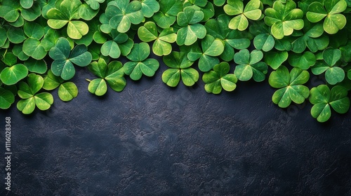Bright green clover leaves frame textured dark surface for natural decor