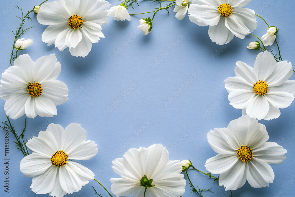 Fototapeta premium Delicate white cosmos flowers arranged in a circular frame against a soft blue background, creating a serene and elegant floral design. Perfect for invitations, blogs, or websites.