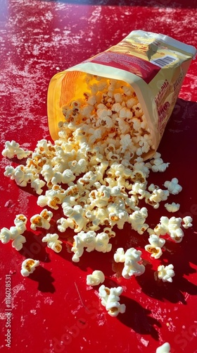 Spilled popcorn spilling from a container on a red surface at a casual setting