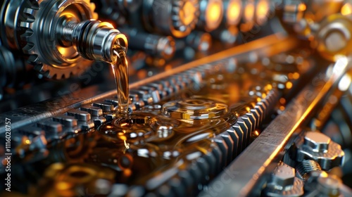 Close-up of machinery with oil being poured, highlighting industrial processes.
