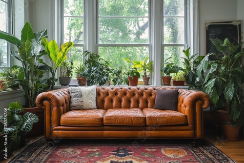 Cozy living space with a leather couch and lush indoor plants in natural light