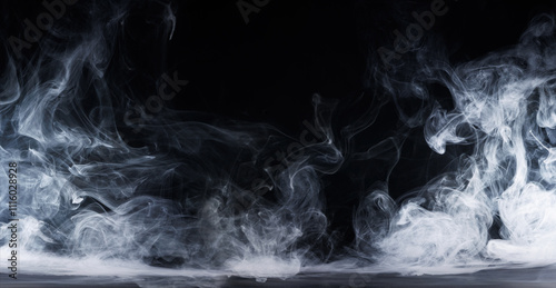 Panoramic view of the abstract fog. White cloudiness, mist or smog moves on black background. Beautiful swirling gray smoke. Mockup for your logo. Wide angle horizontal wallpaper or web banner.