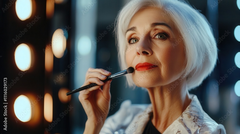 Fototapeta premium Senior woman embraces beauty standards while applying makeup in stylish environment