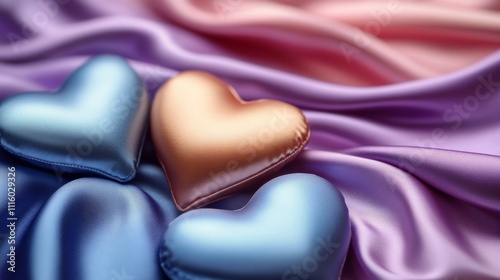 Red satin hearts resting on soft blue fabric create a romantic atmosphere for...