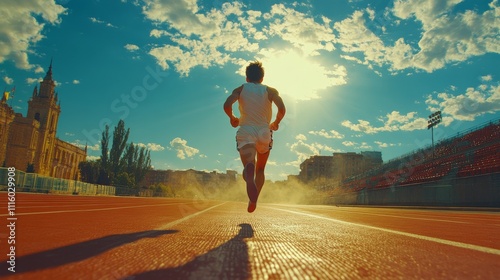 Runner trains on a red track during a sunny afternoon at a sports facility