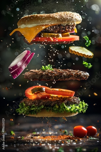 Creative vertical banner of giant floating hamburger separated into components. Flying burger ingredients in light beams on black background. Restaurant menu, diner. Open menu.