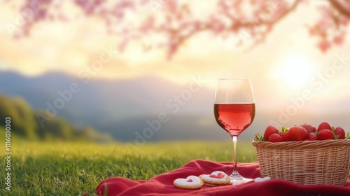 Romantic picnic with strawberries and wine during sunset in a garden setting