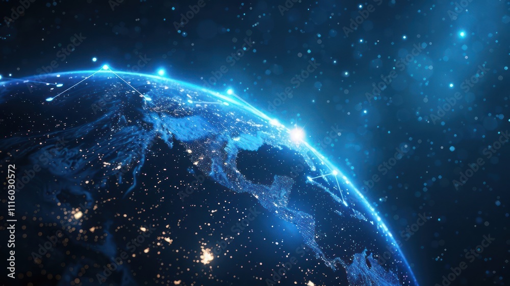 Obraz premium A digital representation of Earth showcasing lights and connections in a starry atmosphere.