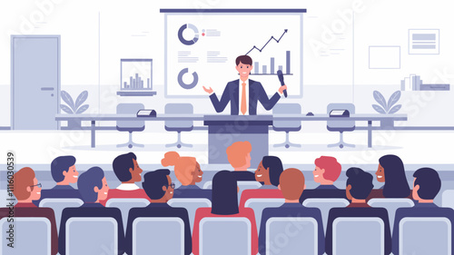 A businessperson in formal attire standing confidently at a podium, addressing a diverse audience seated in a modern conference room.