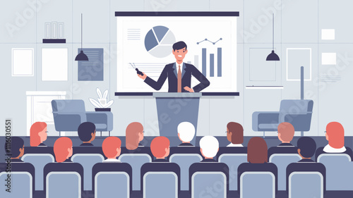 A businessperson in formal attire standing confidently at a podium, addressing a diverse audience seated in a modern conference room.