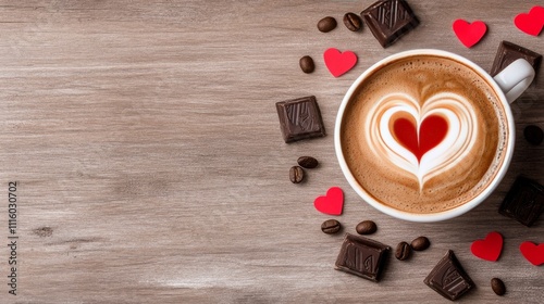 Hot coffee with heart design and chocolate on wooden table for romantic occasion