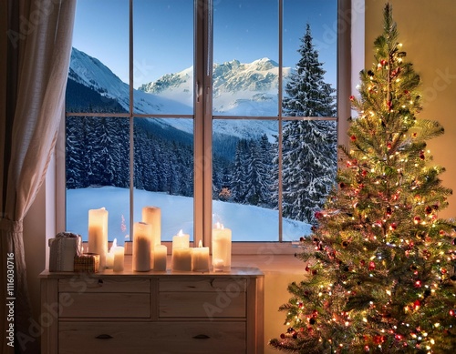 cozy christmas interior with a decorated tree candles and a snowy mountain view through the window creating a festive and peaceful holiday atmosphere ideal for christmas cards home decor or wint photo