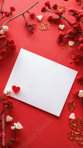 Colorful flowers and decorative hearts surround a blank card on a vibrant red...