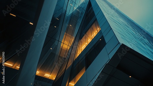 Modern architectural design showcases angular glass structure illuminated at ...