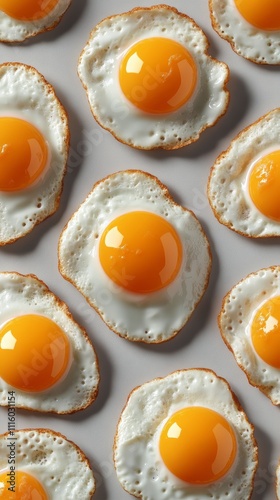 Fried eggs arranged beautifully on a light surface in a minimalist style