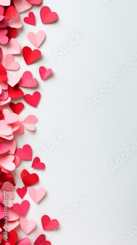 Colorful paper hearts scattered on white background for festive decorations o...