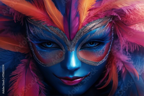 Vibrant masquerade mask adorned with feathers and intricate designs during a ...