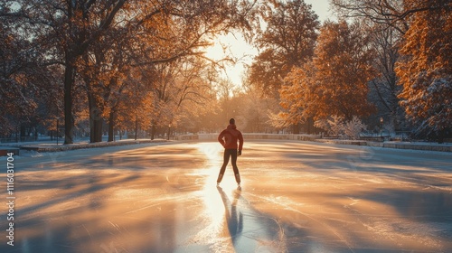 Skater enjoying a winter sunset on a frozen lake in a peaceful park setting