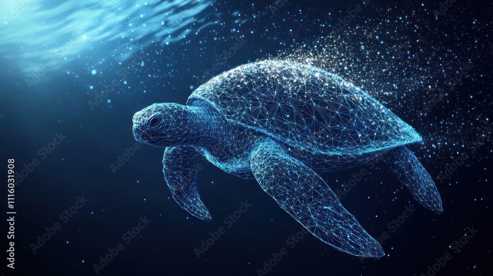 Fototapeta premium Abstract polygonal sea turtle swimming underwater.
