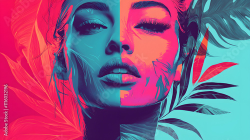 A woman's face, split in vibrant pink and teal colors, with tropical leaves around her.