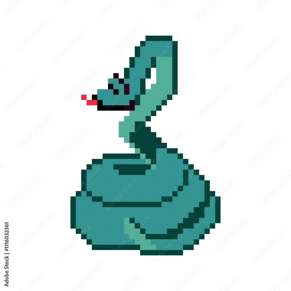 Fototapeta premium Snake character, pixel art, isolated on white background, pixel art hand drawn illustration,