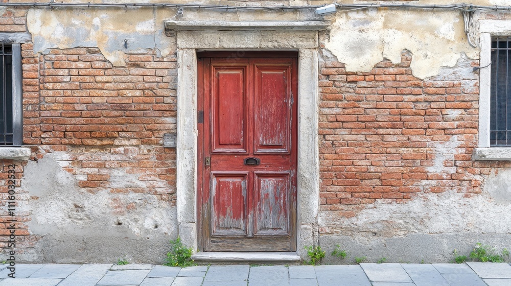 Weathered Red Wooden Door on Brick Wall Weathered Red Wooden Door on Brick Wall