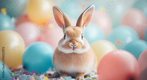 Cute rabbit surrounded by colorful eggs and confetti for spring celebration