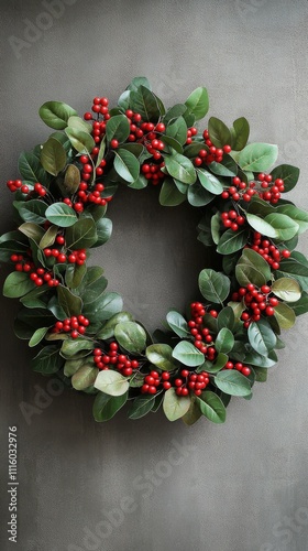 Festive wreath of green leaves and red berries for holiday decoration at home