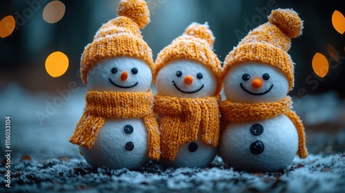 Three cheerful snowmen with orange hats and scarves in a snowy setting.